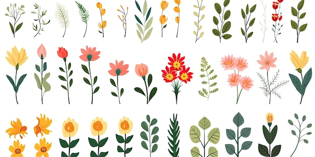 set planten bloemen bladeren in een platte stijl op een witte achtergrond