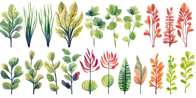 Foto set di foglie di piante in stile acquerello piante della giungla foglie brillanti e succulente