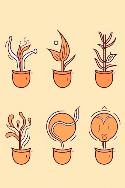 A set of plants in pots with different shapes and colors.