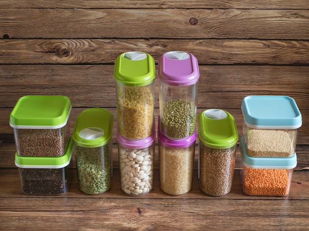 set of plastic containers with cereals