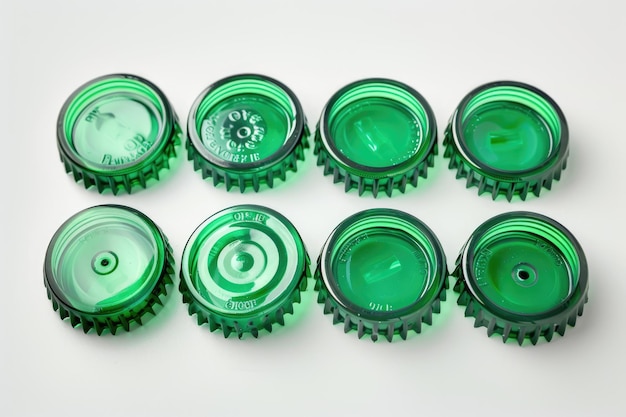 Set of plastic green bottle caps isolated on white background