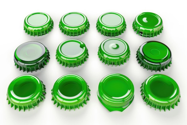 Set of plastic green bottle caps isolated on white background