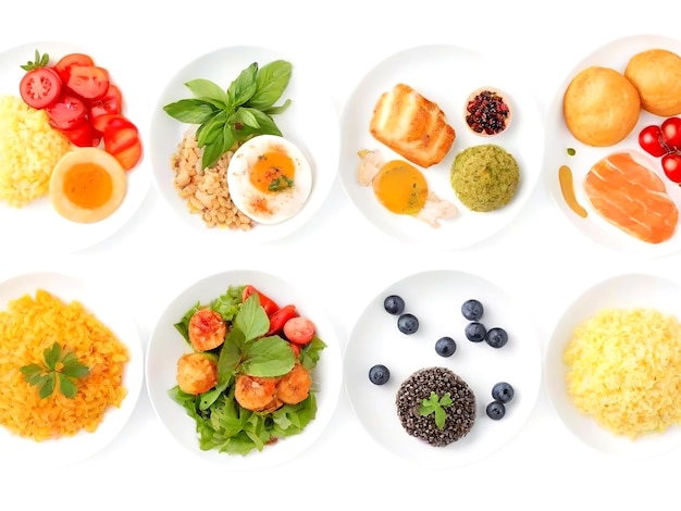 set of plates of food isolated on a white background top view AI_Generated