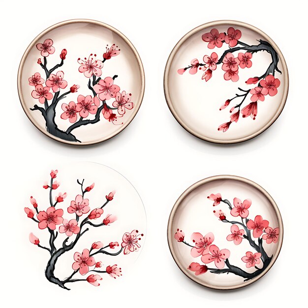 Photo a set of plum blossoms calligraphy tea cups lunar new year blessings 2d flat art illustration