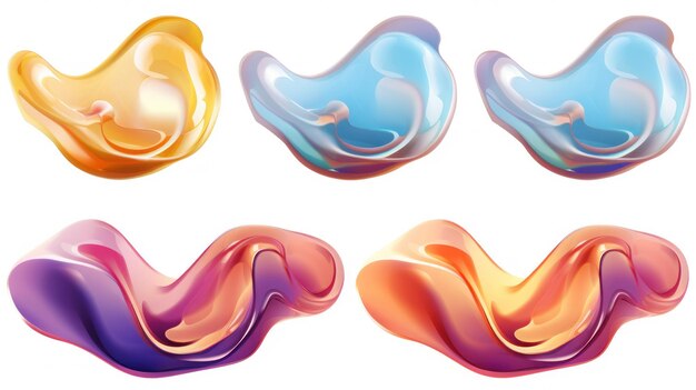 Photo set of plum and gold color liquid 3d shapes floating paint drops with gradient