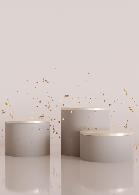 Set of podiums with falling confetti on beige vertical background Elegant podiums for product cosmetic presentation Luxury mockup Pedestal or platform for beauty products Empty scene 3D render