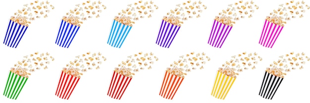 Photo set of popcorn in multicolored boxes on isolate and white background closeup