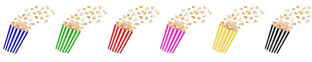 Set of popcorn in multicolored boxes on isolate and white background closeup