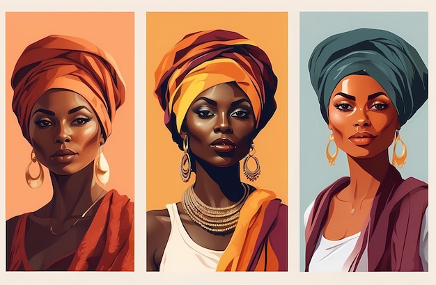 Set of portraits of beautiful African women in turbans