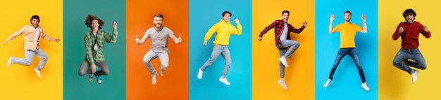 Set of positive multiethnic men jumping over colorful studio backgrounds