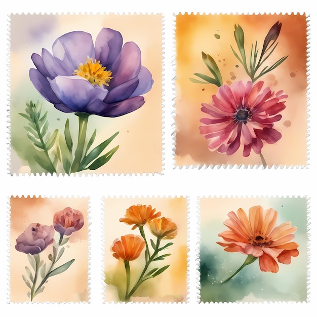 Set of postage stamps with a flower emblem Watercolor hand painted isolated illustration