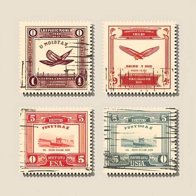 A Set Of Postal Stamp 2D Design With Vintage Style Frame Vector Creative Flat Color Label Packaging