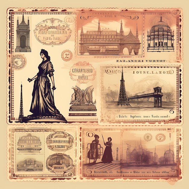 Набор почтовых марок 2D-дизайна с винтажной рамкой в стиле векторной креативной плоской цветной этикетки упаковки