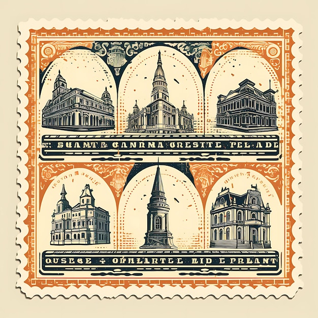 A set of postal stamp 2d design with vintage style frame vector creative flat color label packaging