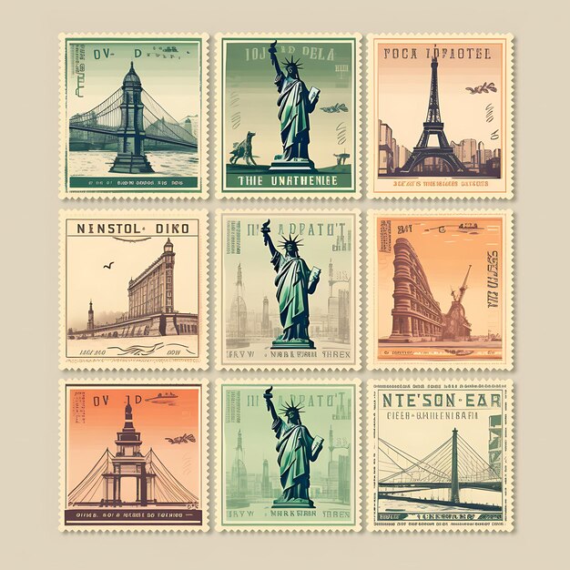 A Set Of Postal Stamp 2D Design With Vintage Style Frame Vector Creative Flat Color Label Packaging