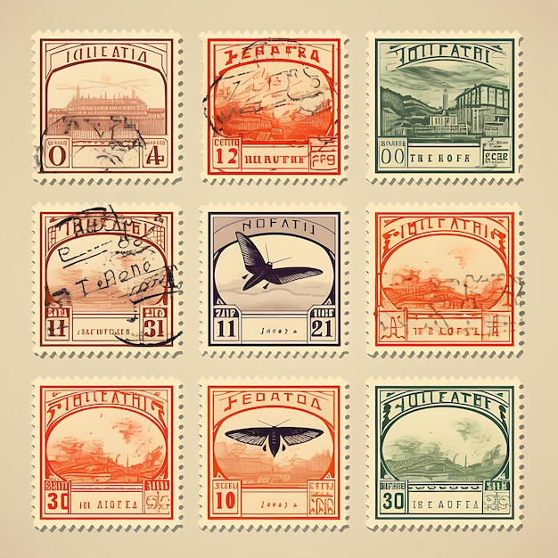 Photo a set of postal stamp 2d design with vintage style frame vector creative flat color label packaging