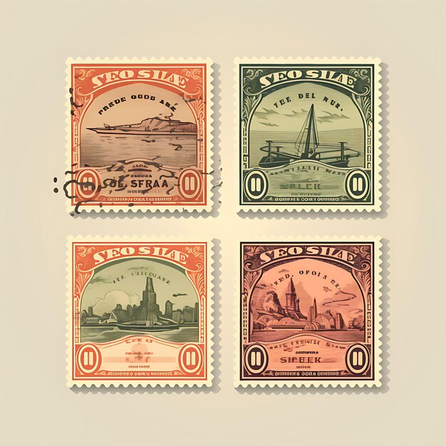 Photo a set of postal stamp 2d design with vintage style frame vector creative flat color label packaging