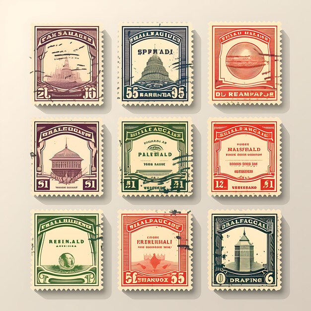 Photo a set of postal stamp 2d design with vintage style frame vector creative flat color label packaging