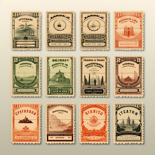 A Set Of Postal Stamp 2D Design With Vintage Style Frame Vector Creative Flat Color Label Packaging