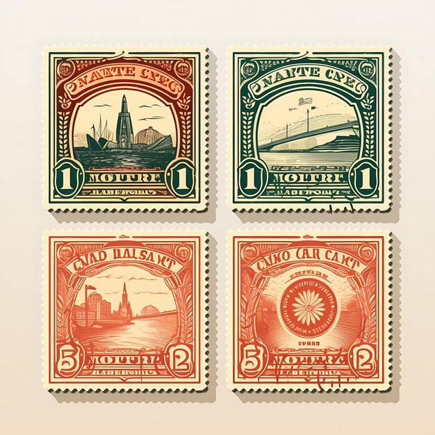 Photo a set of postal stamp 2d design with vintage style frame vector creative flat color label packaging