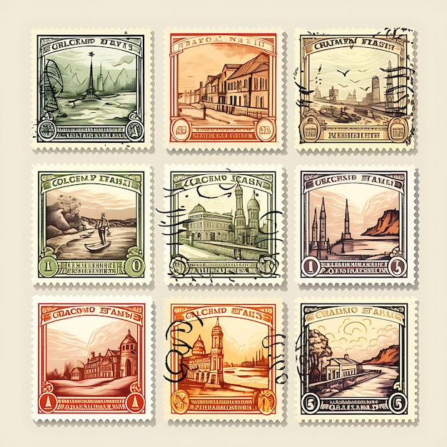 A Set Of Postal Stamp 2D Design With Vintage Style Frame Vector Creative Flat Color Label Packaging