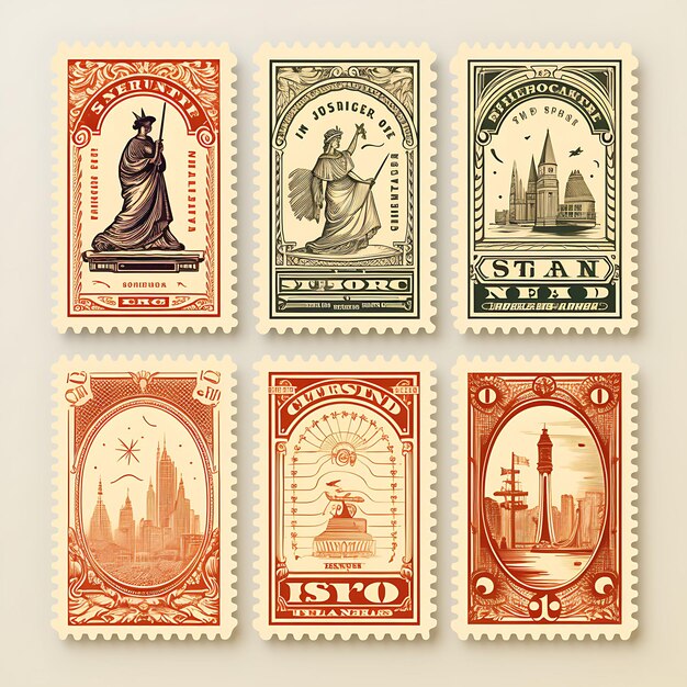 Premium AI Image  A Set Of Postal Stamp 2D Design With Vintage