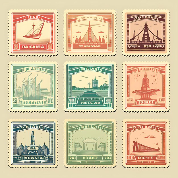 Foto un set di design 2d per francobolli postali con confezione di etichette a colori piatte creative vettoriali con cornice in stile vintage