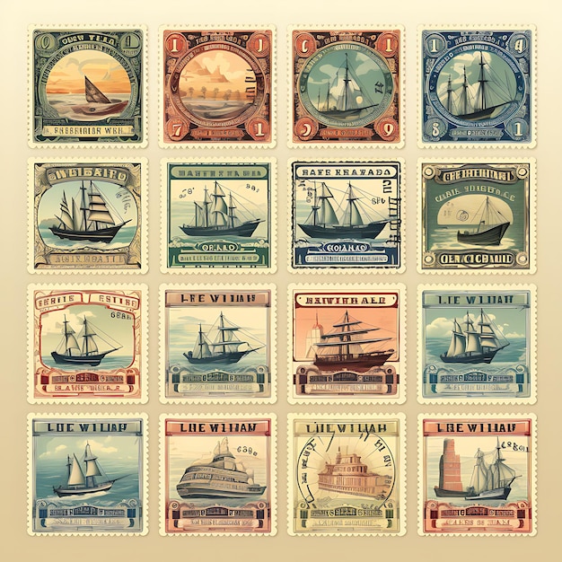 A set of postal stamp 2d design with vintage style frame vector creative flat color label packaging