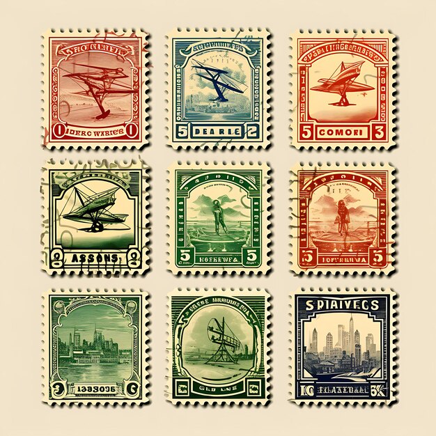 Набор почтовых марок 2D-дизайна с винтажной рамкой в стиле векторной креативной плоской цветной этикетки упаковки