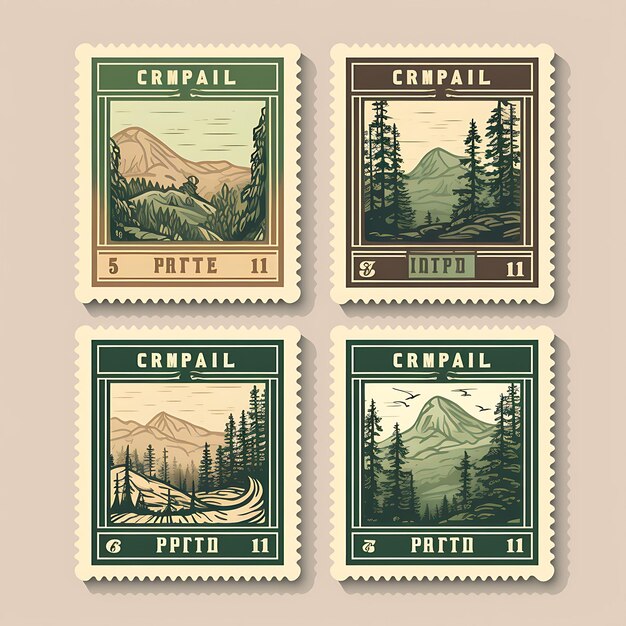 A set of postal stamp 2d design with vintage style frame vector creative flat color label packaging