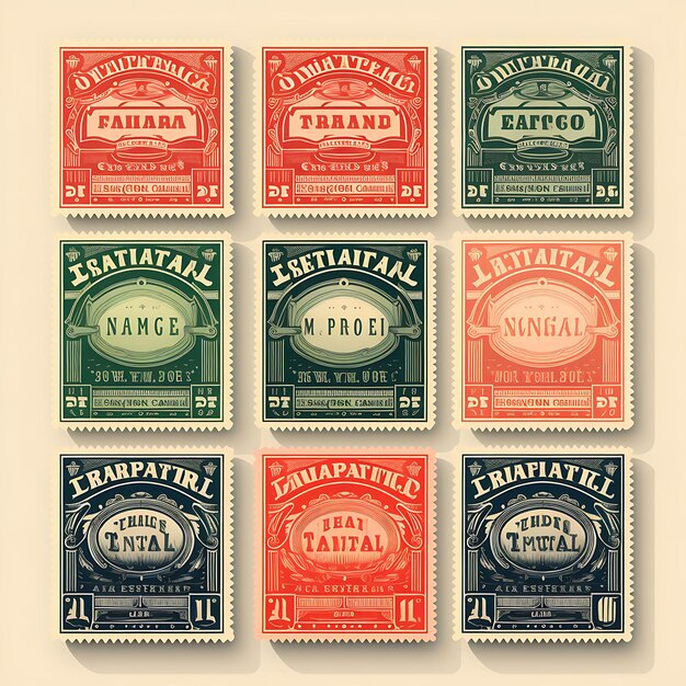 A Set Of Postal Stamp 2D Design With Vintage Style Frame Vector Creative Flat Color Label Packaging