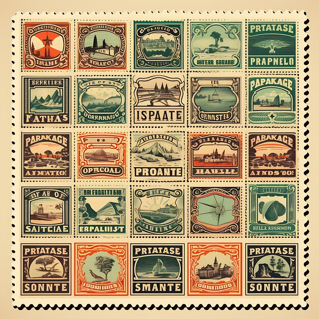 Foto un set di design 2d per francobolli postali con confezione di etichette a colori piatte creative vettoriali con cornice in stile vintage