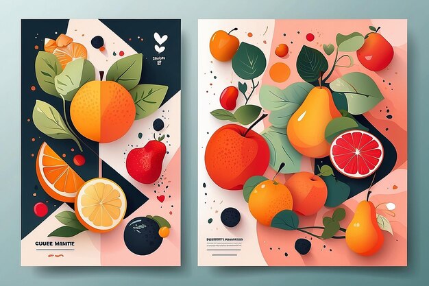 Set of posters with elements of fruits plants and abstract shapes modern graphic design Perfect for social media poster cover invitation brochure