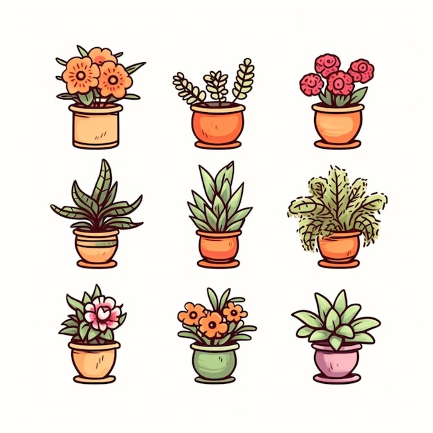 Photo a set of potted plants with different colors and shapes generative ai