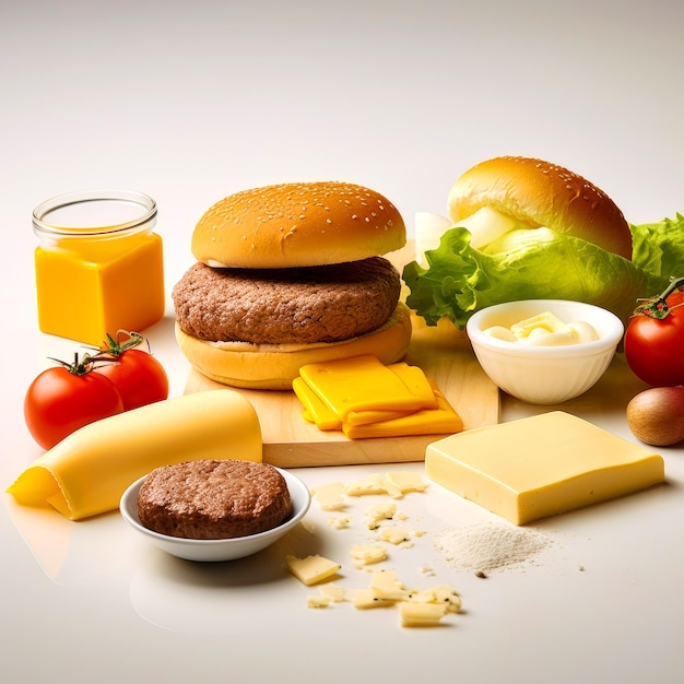 Set producten voor hamburgers en sandwiches Brood kaas vlees boter en groenten op witte tafel Generatieve AI