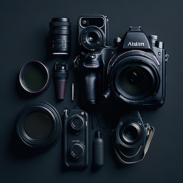 set of professional camera on a black background flat lay