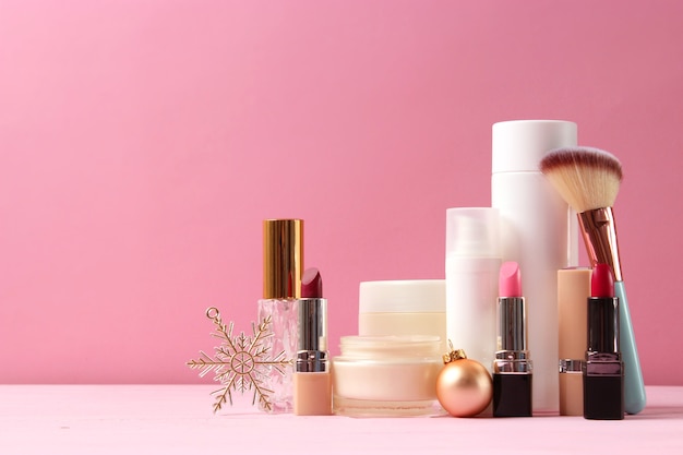 Set of professional decorative cosmetics and christmas accessories