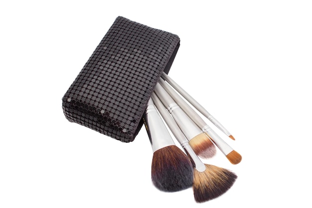 Photo set of professional different sizes makeup brushes in black bag isolated on white background
