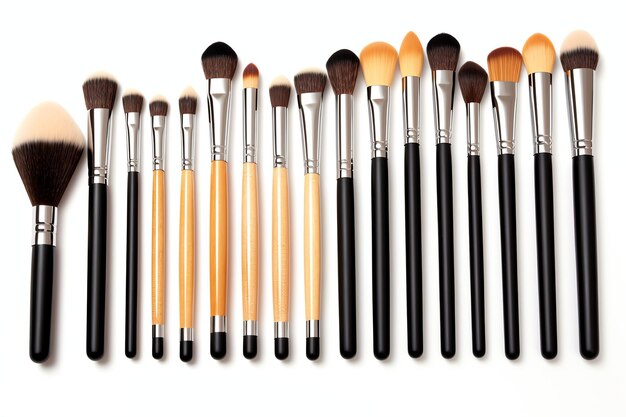 Set of professional makeup brushes cosmetic accessories set on white background Makeup tool concept