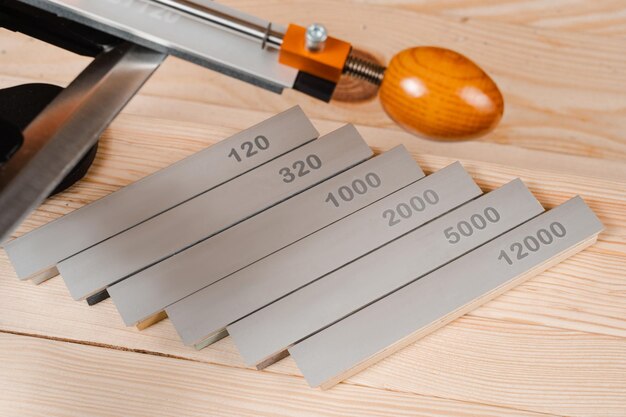 Photo set of professional whetstone for sharpener knife. sharpener and whetstones.