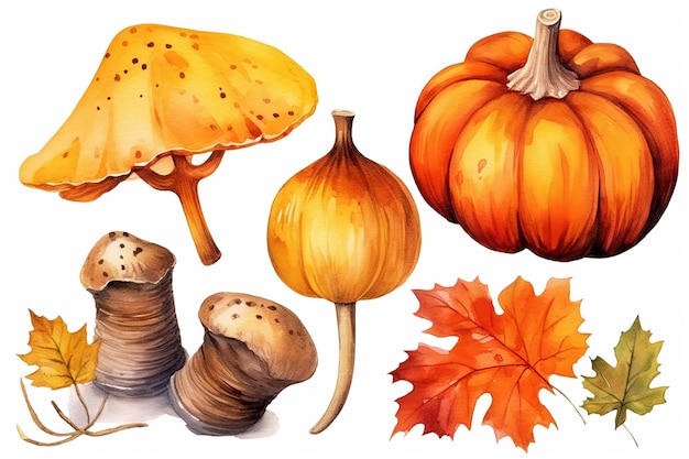 Set of pumpkin mushroom and autumn leaves painted in watercolor on a white isolated background Generative AI