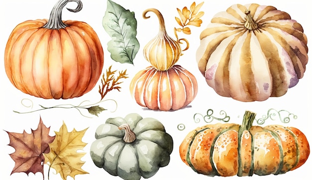 set of pumpkins watercolor style Generative AI