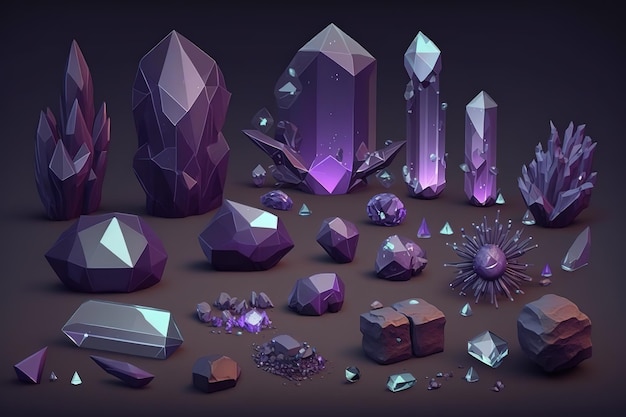 黒い背景に紫色の宝石のセットジェネレーティブ AI