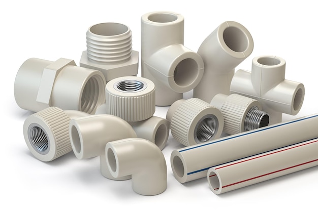 Set of PVC pipe fittings isolated on white