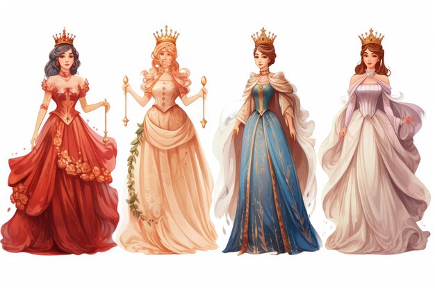 Set of queens isolated on white background