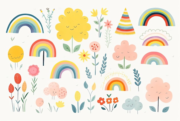 a set of rainbows with different colored shapes in the style of soft and dreamy pastels