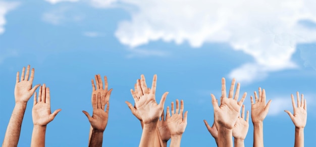 Set of raised hands, isolated on white