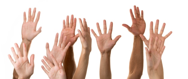 Set of raised hands, isolated on white