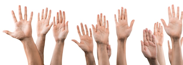 Set of raised hands, isolated on white