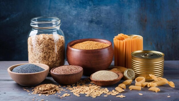 Foto set di cereali crudi, cereali, pasta e conserve sul tavolo